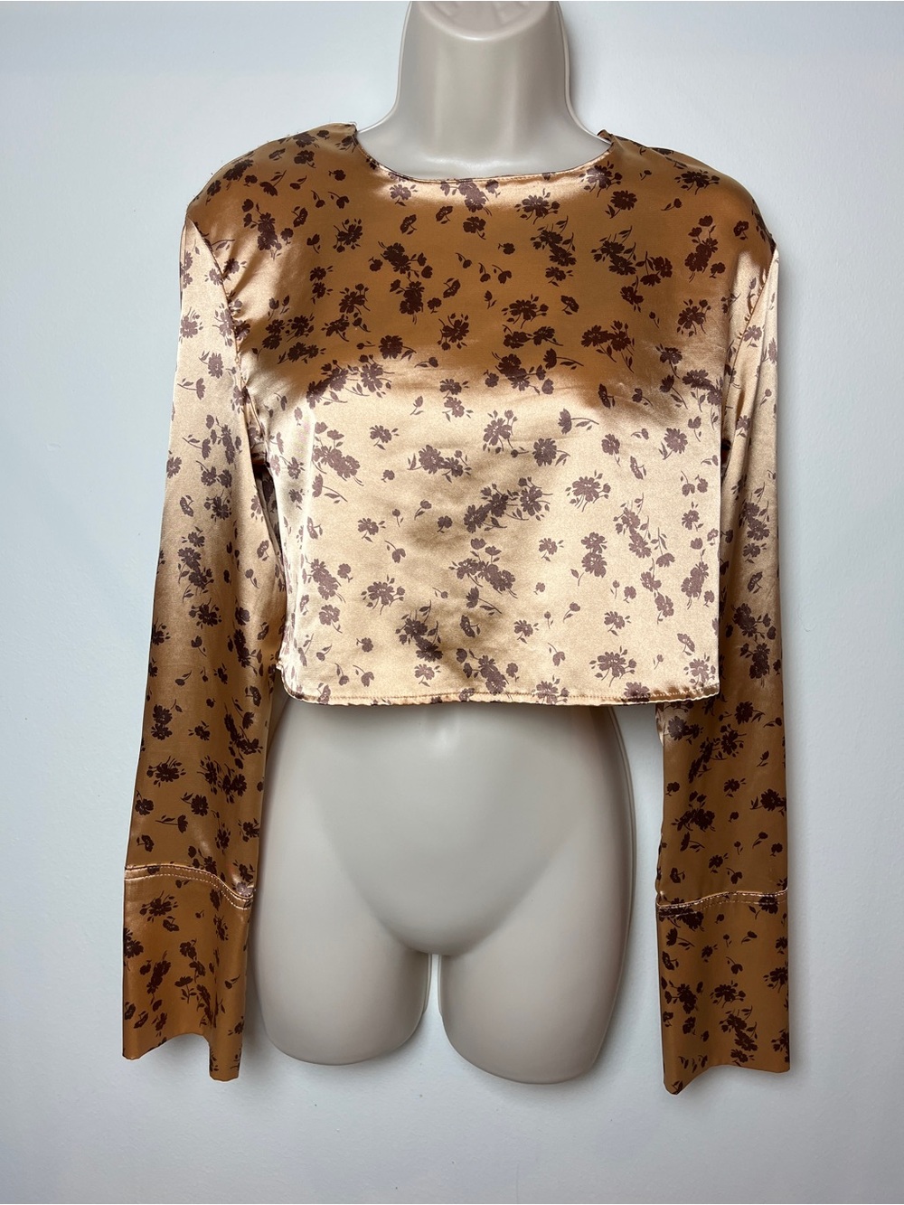 Zara Satin Floral Crop Long-Sleeve Top Bronze Y2K Boho Western